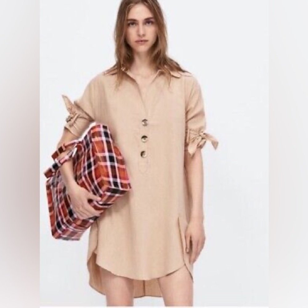 ZARA Basic Linen Collared Three Button Tie Sleeve Tunic Mini Dress